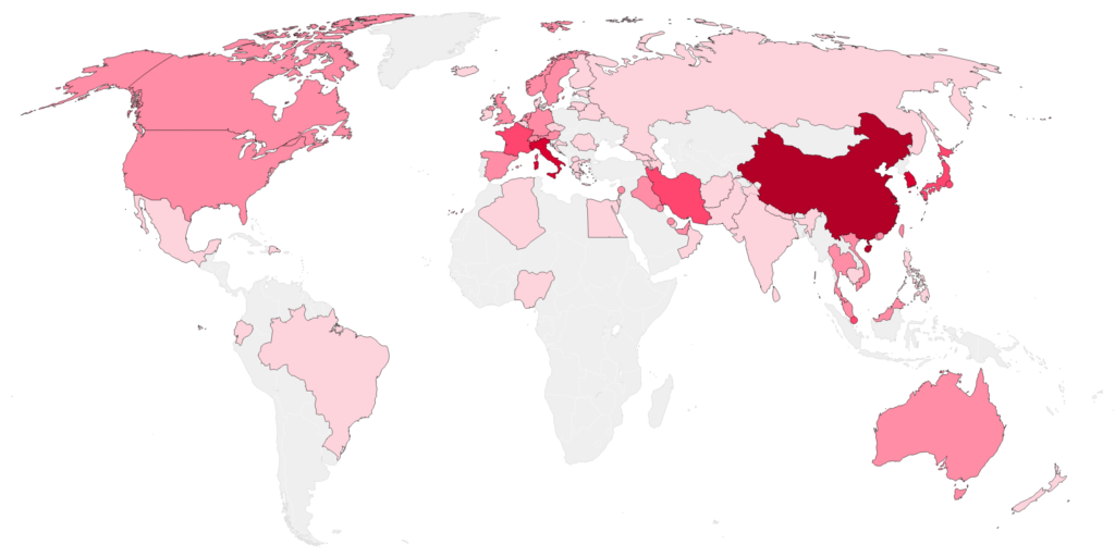 A world map showing the COVID-19 outbreak around the world, with the darkest red areas representing the highest number of cases.