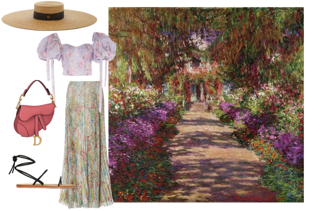 Monet's painting of his gardens at Giverny get a modern update with this easy-going spring look. Loveshackfancy top, Giambattista Valli skirt, Christian Dior saddle bag, St. Agni sandals, and an Eric Javits hat.