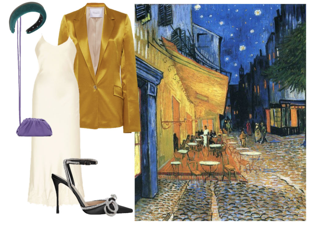 For when we can finally go out again, this take on Van Gogh's Café Terrace at Night is exquisitely sophisticated. (Galvan silk blazer, Markarian lace-trimmed slip dress, Mach and Mach pumps, Lele Sadoughi padded headband, and Bottega Veneta mini Pouch).