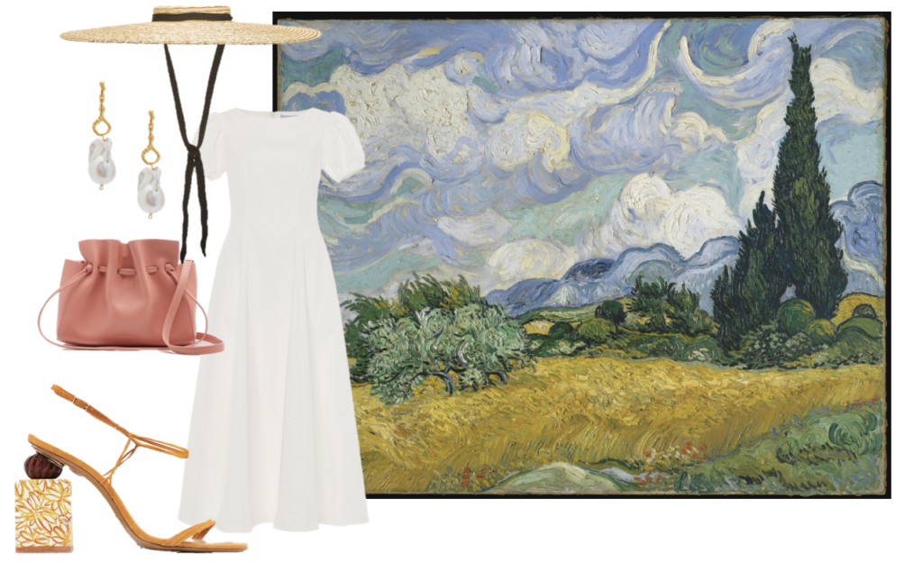 Van Gogh's Cypress Wheatfields makes us pine for the South of France, but since we can't visit, this carefree look will do. (Luisa Beccaria dress, Jacquemus sandals and hat, Mansur Gavriel bag, and Alghieri pearl drop earrings).