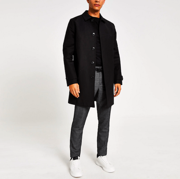Concealed button water resistant mac in Black from River Island ($150)