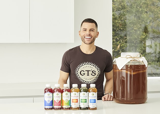 GT Dave, founder of GT's Living Foods and the Mastermind behind GT's kombucha, at home in his Los Angeles home with his kombucha.