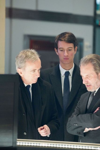 LVMH Chairman Bernard Arnault, his son and Rimowa CEO Alexandre Arnault, and Tiffany CEO Alessandro Bogliolo at Tiffany's 5th Avenue flagship in New York.