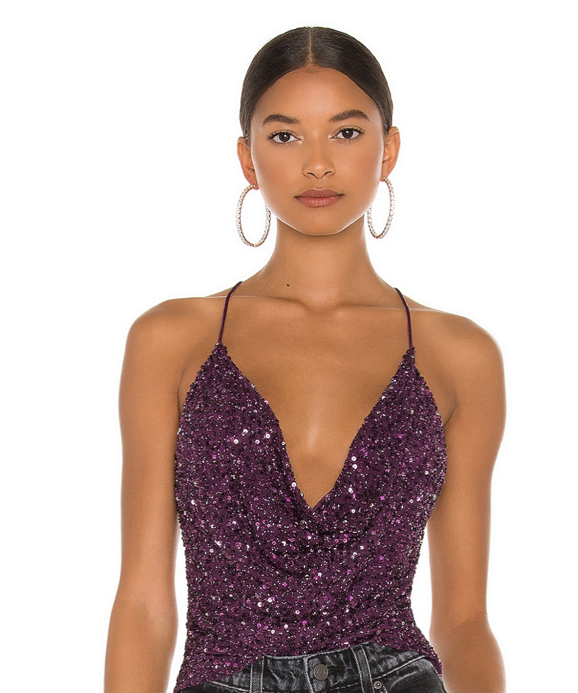 Purple cowl-neck sequined top from Revolve